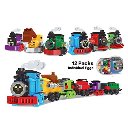 12 Packs Mini Building Blocks Trains Set, Educational Assemble Bricks Easter Eggs Filler of Rail Train Toys for Kids (380PCS of Bricks)
