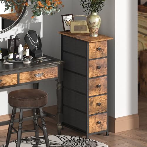 Trironsun Cómoda de 5 cajones de tela armario estrecho para dormitorio, cómoda de almacenamiento para dormitorio, cómoda de almacenamiento para espacios pequeños