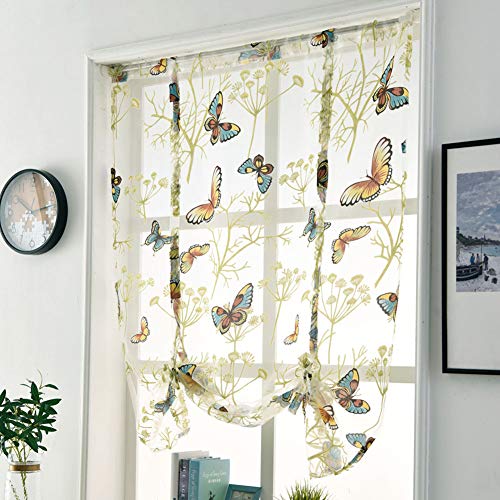 Vctops Boho Butterfly Voile Semi Sheer Tie Up Roman Curtains Elegant Rod Pocket Adjustable Balloon Curtains Shade For Small Window (24" X 55", Butterfly) #TOP1