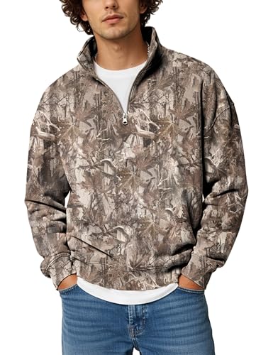 MSBESYOR Mens Camo Quarter Zip Pullover Oversized Fleece Camouflage Print Sweatshirt Polo Long Sleeve Hunting Sweater