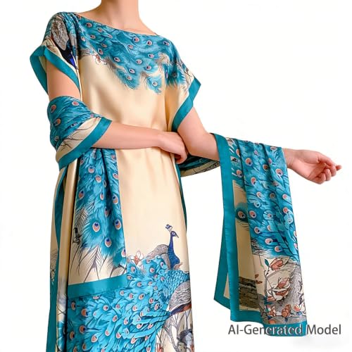 Women Kaftan & Scarf, Plus Size Caftan Moo Moo Dress with Scarf (Blue 1) | Moo Moo with Scarf, Silky Fabric, Boat Neck, Ethnic Maxi Dress, Boho Peacock Leopard Print, Swimsuit Cover Up, Beach Vacation - image 5