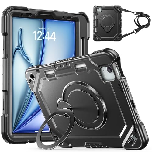 iPad Air 11 (A2902 2024/A3266 2025/A3459 2026) �ϏՌ��^�u���b�g�P�[�X�B | 360�x��]�\�ȃ����O�L�b�N�X�^���h&�y���z���_�[�����A�V�����_�[�X�g���b�v�t�����ϋv4�w�ی�J�o�[