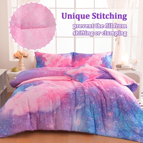 Image of Galaxy Girls Twin Bedding Set, 6 Pcs Twin Szie Comforter Set with Sheets, Glitter Pink Purple Bedding Set for Girls Kids