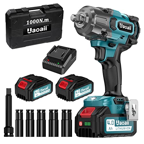 Uaoaii 1000Nm(738Ft-Lbs) Cordless Impact Wrench High Torque, 1/2 Power Battery Impact Gun W/ 2X 4.0Ah Battery, Fast Charger, 5 Sockets, Storage Tool Box & Variable Speeds For Car Tire Truck Rv Mower #TOP22
