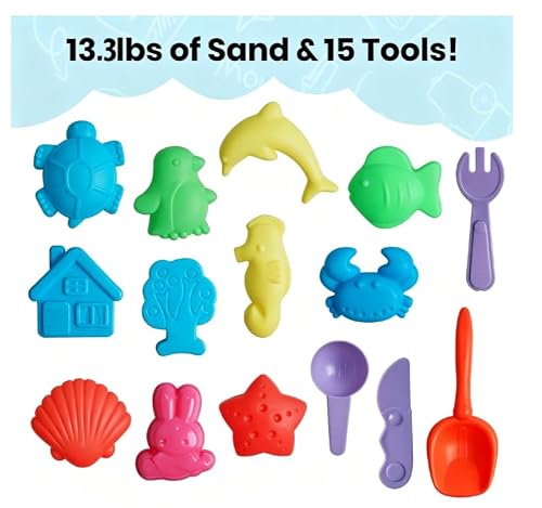 FURWEY Play Sand Set, with 13.3lbs of Colorful Sensory Sand, Plus 15 Tools & Molds, Sensory Play Sand Art Kits for Children Ages 3+ to Relaxing Creative Activities - Image 2