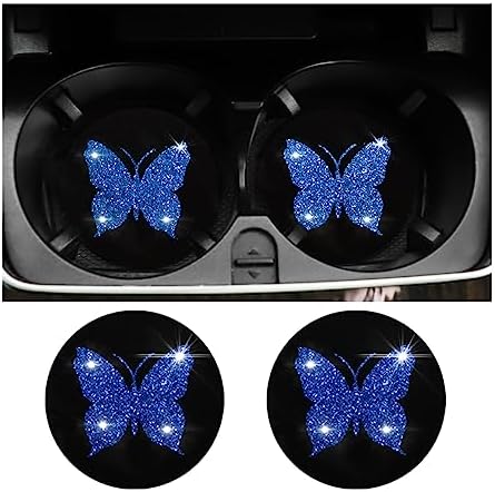 Butterfly Car Coasters, 2 Pack Universal 2.75 Inch Anti Slip Insert Cup Holder Coasters, Bling Diamond Drink Cup Mug Mat Pad for Women, Pretty Decorations Car Interior Accessories