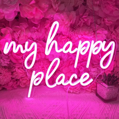 Image of SYLHOME Pink My Happy Place LED Neon Light Sign USB Girls Babys Bedroom Living Room Kitchen Wall Decor Sign Wedding Party Sign Christmas Birthday Gifts 15.8 inch X 11.2 inch 5V Teens