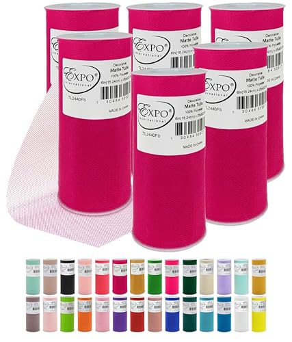 Image of Expo International Decorative Matte Tulle, Roll /Spool of 6 Inch x 25 Yards (Pack of 6), Polyester-Made Tulle Fabric, Matte Finish, Lightweight, Versatile, Washable, Easy-to-Use, Fuchsia