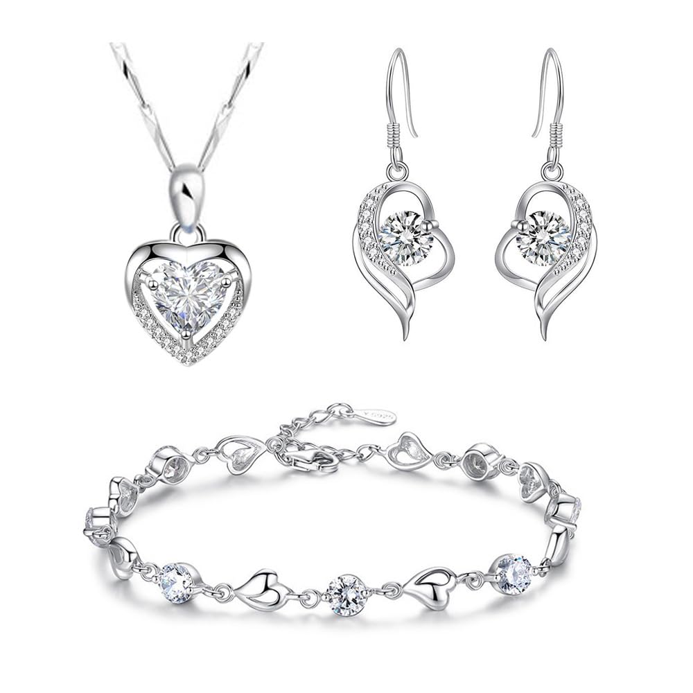 TOFBS Joyas de Mujer Corazón con Colgante Pendientes Conjunto de Joyas de Suerte Collar Pendientes Pulsera con Zirconia Cúbica Brillantes Conjuntos para Esposa Madre Novia