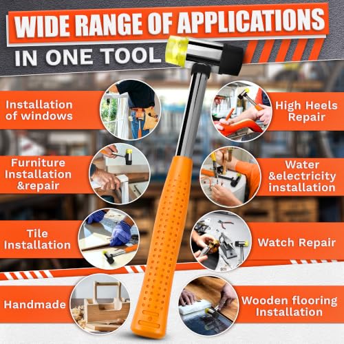 Image of Small Rubber Mallet Hammer, Orange 25mm Double-Faced Soft Face Mallet with Soft Rubber & Hard Plastic Heads, Non Marring Jewelry Hammer for Leather Craft, Tile, Furniture Repair, Hobby & DIY Projects