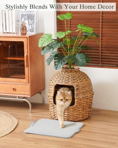 Image of SETVSON Cat Litter Box Enclosure Plant Cat Litter Box Furniture with Artificial Plants, Large Hidden Handwoven Rattan with One Mat, Odor Control Filter, PVC Film, Real Stones, Stylish Decor, Natural