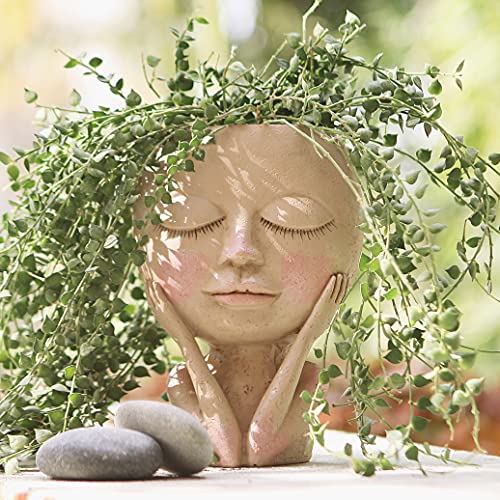 Halaood Pot de fleurs en forme de tête de pot de fleurs en résine avec trou de drainage et yeux fermés Cover