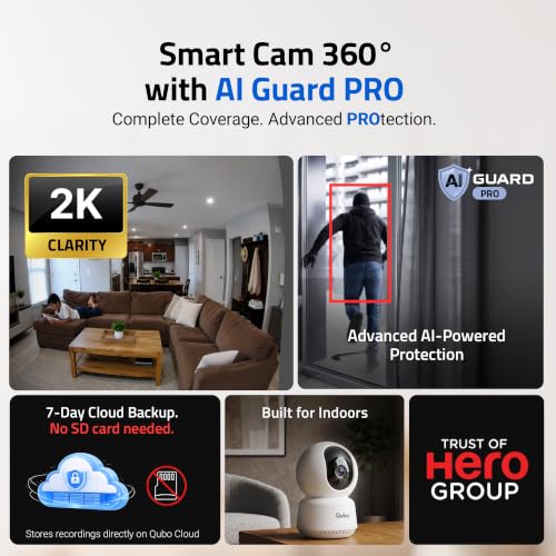Image of Qubo Smart Cam 360 3MP (Pack of 2) by Hero Group | AI Guard Pro (12-Month Plan) | Cloud Backup | AI-Person Detection | Color Night Vision | Records Directly on Cloud | No SD Card Required