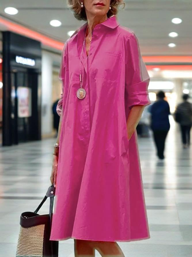 Womens 2025 Long Sleeve Button Down Shirt Summer Dress Casual V Neck Loose Fit Midi Shirt Dresses with Pockets - Image 5