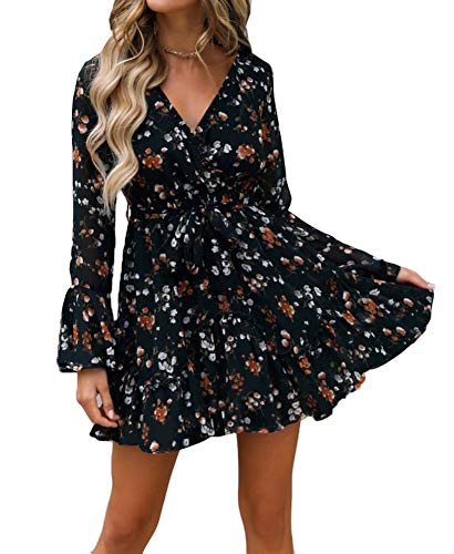 Nensiche 2019 Women Short Sleeve Wrap Boho Floral Mini Dress Ladies Summer Sundress Holiday V-Neck Women's High Waist Retro Beach Skirt (Black, L)