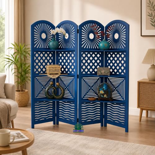 Image of Wooden Room Divider Partition Screen with Shelves | Foldable Decorative Privacy Separator Panel for Living Room, Bedroom, Office & Hall | Modern Blue Finish Home Decor