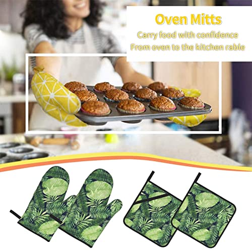 Tropical Palm Leaf Oven Mitts And Pot Holders Sets Of 4 High Heat Resistant Oven Mitts With Oven Gloves And Hot Pads Polyester Potholders For Kitchen Baking Grilling Bbq Non-Slip Cooking Mitts #TOP6