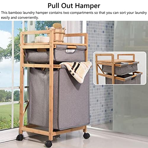 Multi-Function Storage Trolley Organizer Cart Bamboo 2 Compartment Laundry Basket with Pull Out Hamper & Storage Shelf, Nursery Laundry Sorter Cart with Wheels for Boys Girls Clothes
