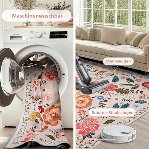 Puremy Schmutzfangmatte Innen, Waschbarer Fussmatte, Blumenmuster, Vintage Teppiche, Niedriger Flor, rutschfest, Weiche, Eingangstürmatte für Flur Eingangsbereich Küche, 66x100cm, Beige