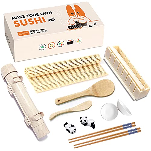 Sushi Making Kit for Beginners, Complete Sushi Roll Maker - Bazooka, Square Mold, Bamboo Rolling Mat, Chopsticks & Holder, Rice Paddle & Spreader, Sauce Dish. 11 Pcs+Gift Package, Digital Guide/Recipe