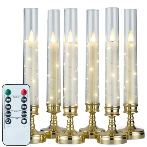 Prerish 6 PCS Flameless Candles with Remote Timer, Flickering LED Candles Romantic Ambiance with Embedded Star String, Gold Battery Perated Candles Decoration for Wedding Home Table Window Christmas