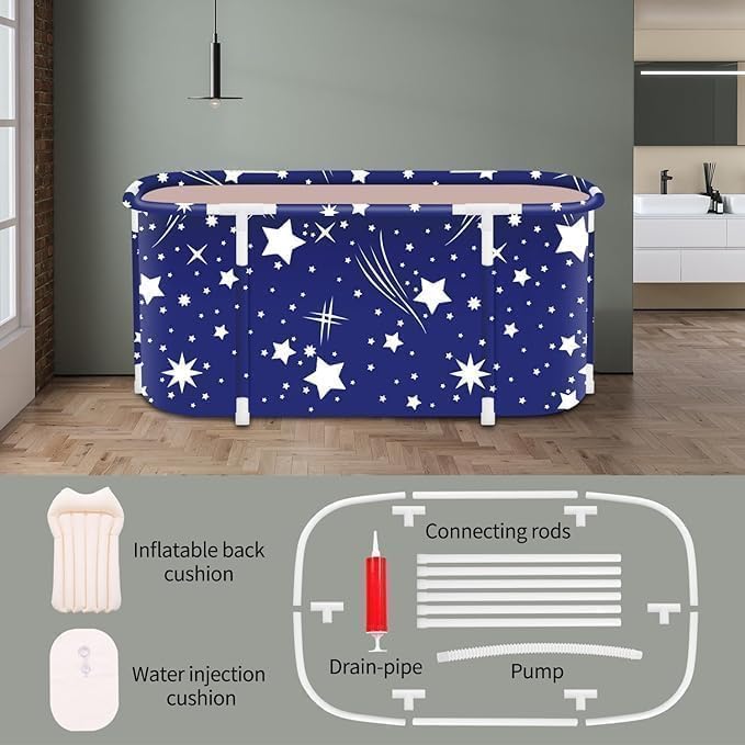 Image of Foldable Adult Bath Tub for Home Spa | Large Portable Bathtub with Backrest & Handle | Insulated Folding Tub for Hot & Cold Soak, Ice Bath, Bubble Bath & Relaxing Spa (Royal Blue Star)