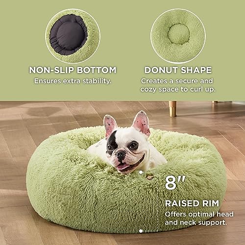 Image of Bedsure Calming Small Dog Bed Donut Washable Cat&Puppy Bed,23 inches Green | Fluffy Faux Fur Round Cuddler,Machine Washable,Anti-Slip Bottom,Anti-Anxiety,Deep Sleeping for Large Cat & Pets Up to 25 Lbs