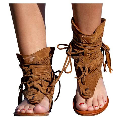 Tassel Sandals for Women, Retro Bohemian Gladiator Fringe Casual Shoes Flat Clip Toe Ankle Boots Beach Sandals T-Strap Roman Open-Toe Sandals