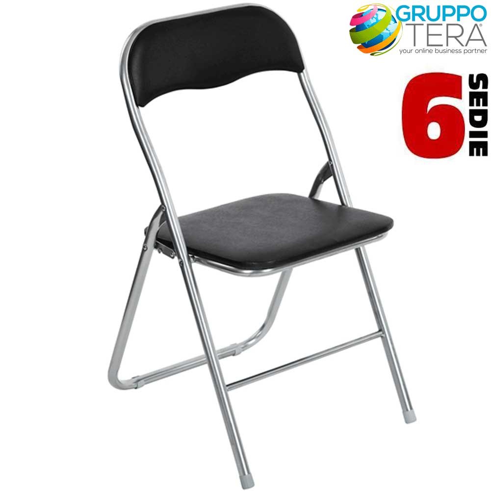 BAKAJI Set 6 Sedie Pieghevoli Imbottite Salvaspazio con Struttura in Metallo Cromato e Piedini Antiscivolo Sedia Metal (Nero)