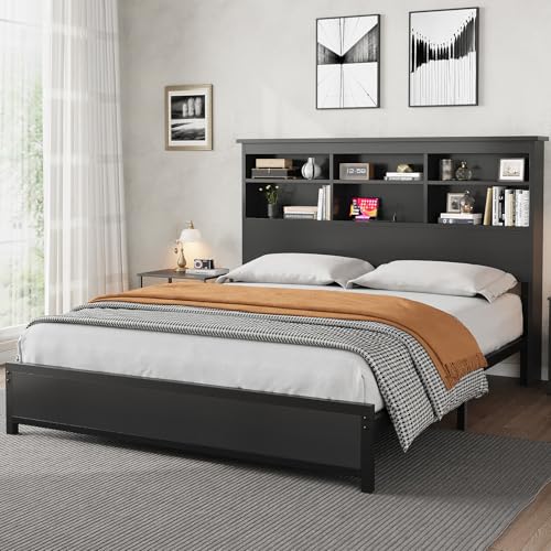 GarveeHome Queen Size Bed Frame with Bookcase Headboard, 2-Tier Storage Queen Platform Bed with Charging Station, No Box Spring Needed Easy Assemble Black Mattress Foundation