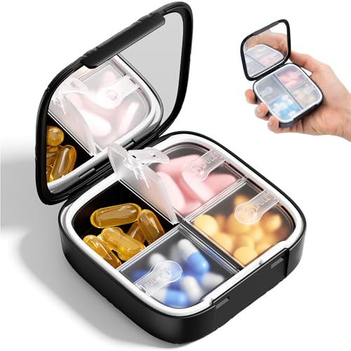 Image of Betife Travel Pill Organizer for Purse, Small Cute Pill Box with Mirror, 4 Large Compartment Pill Case, Waterproof Medicine Container, Portable Faux Leather Vitamin Case BPA-Free (Classic Black)