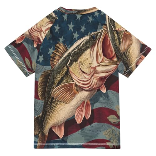 Boys Short Sleeve T-Shirts America Flag Bass Fish Rashguard Kids Swim Shirts Sun UPF 50+2