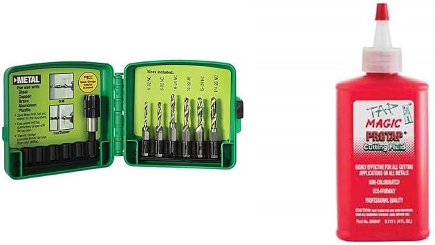 Greenlee DTAPKIT Drill/Tap Kit for Metal, One-Step Drilling, Tapping, and Deburring/Countersinking Set with Quick Change Adaptor & Tap Magic 30004P ProTap Cutting Fluid, 4 oz. Size