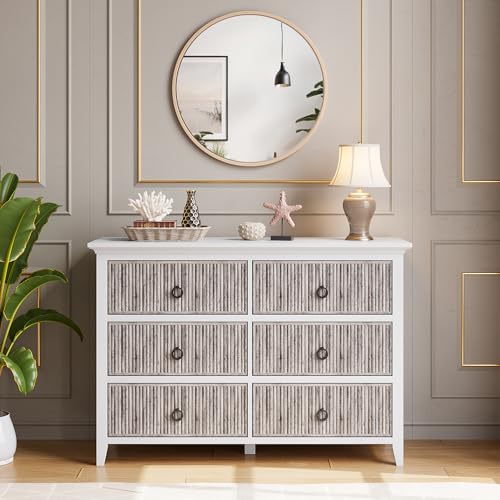 GarveeHome 6 Drawer Dresser for Bedroom,Waveform Fluted Chest with Large Drawer, Wooden Chest of Storage Cabinet, Fluted Dressers for Bedroom Living Room Hallway Closet, Anti-Tipping