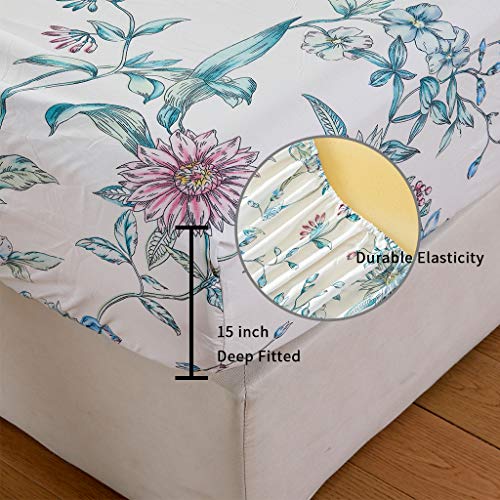 Image of JSD Pink Blue Floral Printed Twin Sheet Set Extra Deep Pocket | 3 Piece Soft Botanical Microfiber Sheets, OEKO-TEX Certified, Easy Care