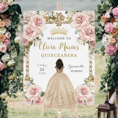 Vintage Blush Pink Floral Quinceañera Sign, Personalized Quinceañera Welcome Sign,
