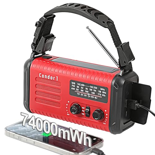 Emergency Radio - 20000mah Weather Radio with NOAA/AM/FM, Solar Hand Crank Radio with USB/Solar/Hand Crank Charger, Battery Powered, SOS Alarm, Reading Lamp & Flashlight for Indoor/Outdoor (Red)