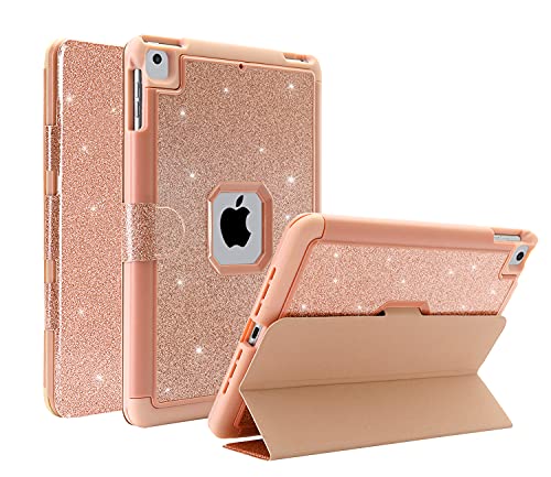 FSCOVER iPad Case 6th/5th Generation 9.7 Inch Glitter Cover, Heavy Duty Rugged iPad 2017 2018 Case for Girls, Sparkly Shockproof Full Body Protective iPad Air 2 Case with Stand Flip, Rose Gold
