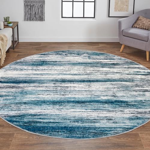 KOZYFLY Modern Abstract Round Area Rug 5Ft, Washable Kitchen Rug Non-Slip Soft Bathroom Circle Rug, Blue Striped Entryway Rugs Print Faux Wool Doormat for Bedside Entrance Bedroom Sink