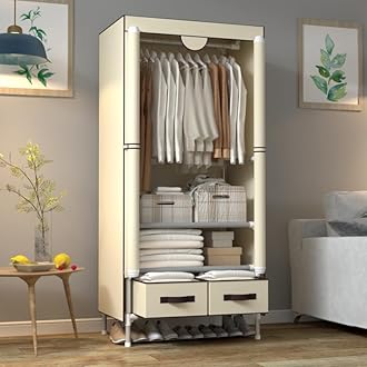 Bedroom Canvas Wardrobe with 2 Drawers, Portable Closet with Hanging Rail and Wardrobe Shelves, 75x45x170cm, Beige