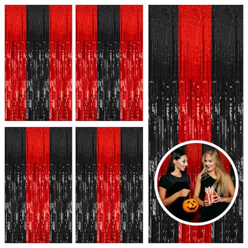 Image of 5 Pack Black and Red Backdrop Party Decorations Tinsel Curtain Halloween Party Streamer Foil Fringe Birthday Decorations Photo Booth Fancy Ball Christmas New Year Graduation Party Decor Decor