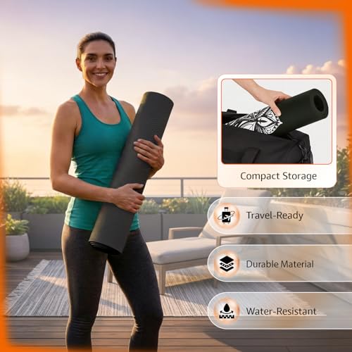 Image of Amazon Basics Printed TPE Yoga Mat with Yoga Strap | 6 mm Thick | Non-Slip Grippy Surface | Lightweight & Flexible Rubber-Like Material | Floor Protection | Ideal for Yoga, Pilates, Stretching & Fitness | 183 x 61 cm | Black