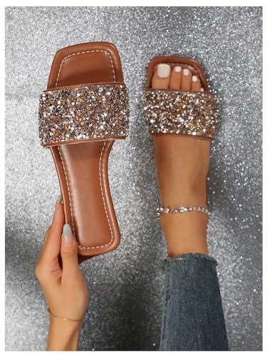Image of GORGLITTER Women's Sparkly Jeweled Flat Sandals Dressy Open Toe Glitter Shiny Slippers Slip-on Shoes