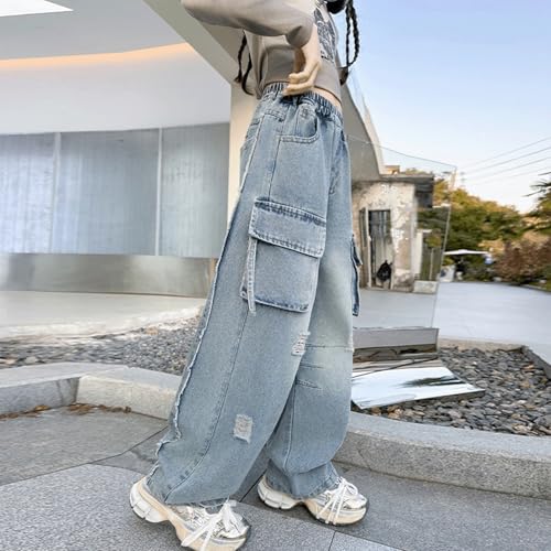 Baggy Jeans for Girls Pockets Ripped Cargo Adjustable Waist Wide Leg Pants Streetwear Cute Jeans for Girls Washed Raw Hem4