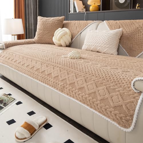 MDSASFD Geometric Jacquard Plush Warm Sofa Couch Cover, Soft Funny Fuzzy Couch Covers, Non Slip Sectional Sofa Slipcover, Cozy Washable Furniture Protector for Kids, Pets (Khaki, 36"x 71")