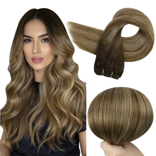 Image of Full Shine 24 Inch Machine Weft Hair Extensions 105G Brown Honey Blonde | Invisible Machine Tied Weft, Dark Brown To Honey Blonde Mix Ash Brown Balayage, Remy Human Hair, Hair Transformation