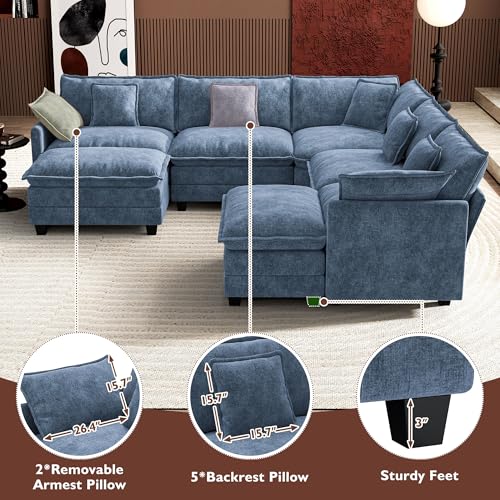 Image of Ihanherry 114 inch V-Shaped Modern Sofa Modular Sectional Cloud Couch with 2 Ottoman, 7-Seat Chenille Deep Seat Sofa with Corner Section for Living Room, Bedroom and Apartment, Blue