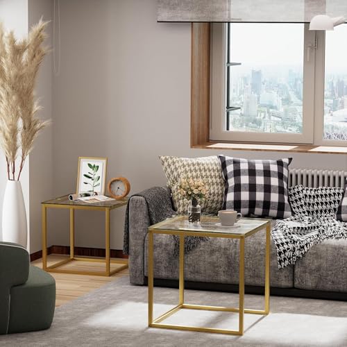 Huhote Quadratisch Couchtisch 2er Set, Moderne Wohnzimmertisch, Couchtisch Aus Glas, Wohnzimmertisch Klein, Beistelltisch, Sofatisch, Coffee Table für Wohnzimmer, Schlafzimmer, Büro, 50/45 cm, Gold – Bild 6