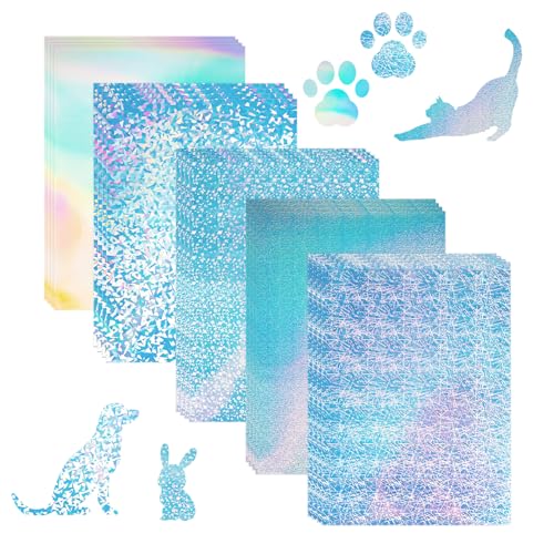 AILUYA Lot de 20 autocollants holographiques A4 en vinyle irisé papier - Pailleté pour bricolage - Autocollant pour imprimante à jet d'encre - 5 styles