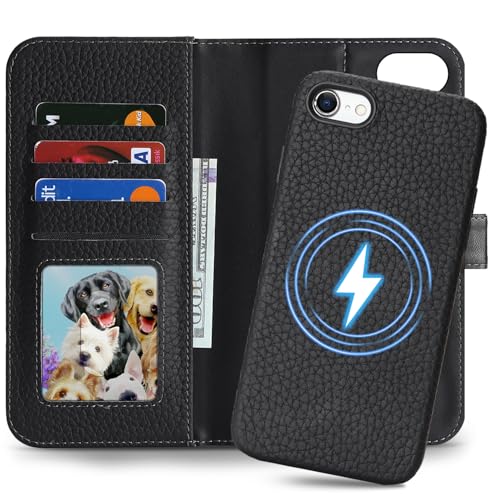 Image of Detachable Genuine Leather Case for iPhone SE 2020 / SE 2022 /7 /8 Wallet Case Magnetic 2in1 Removable Flip Cover Book Purse Compatible with Magsafe Charging Kickstand Card Holder-Black